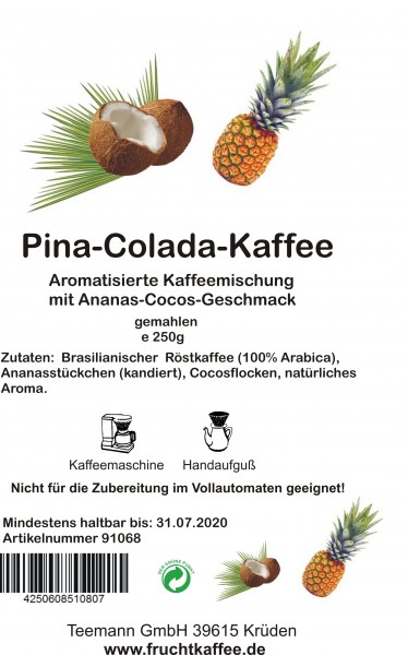 Pina Colada Fruchtkaffee gemahlen 250g Grundpreis 26.00/Kg