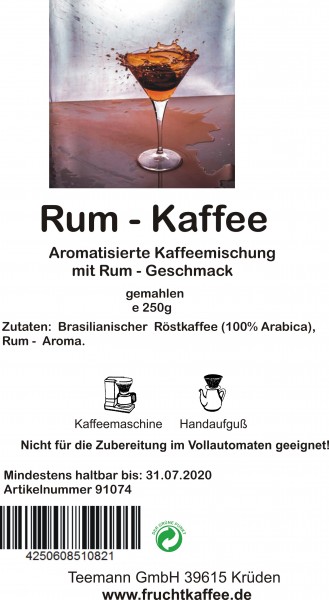 Rum aromatisierter Kaffee gemahlen 250g Grundpreis 26.00/Kg