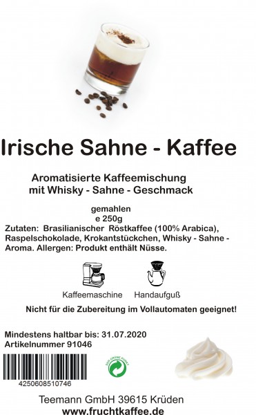 Irische Sahne aromatisierter Kaffee gemahlen 250g Grundpreis 26.00/Kg