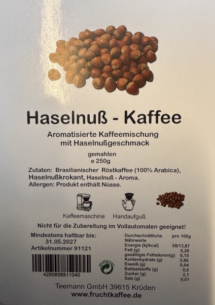 Haselnuß aromatisierter Kaffee gemahlen 250g Grundpreis 26.00/Kg