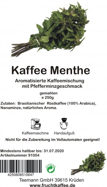 Kaffee Menthe aromatisierter Kaffee gemahlen 250g Grundpreis 26.00/Kg