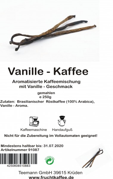 Vanille aromatisierter Kaffee gemahlen 250g Grundpreis 26.00/Kg